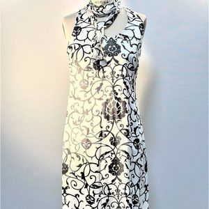 SILK HALTER BLACK & WHITE PRINT HALTER-STYLE PRINT WITH ATTACHED CHIFFON SCARF